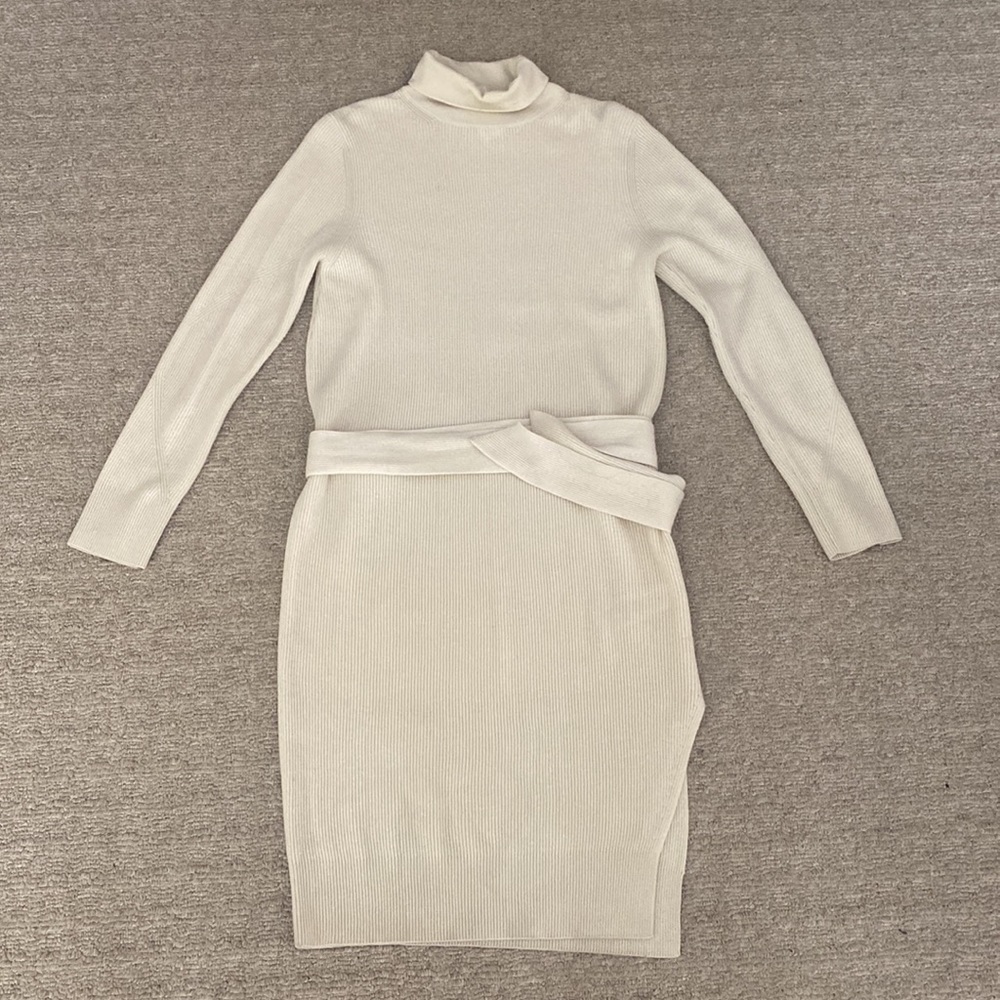 All Saints Roza Cashmere Wool Turtleneck Sweater Ribbed Midi Dress Cream White - Picture 5 of 11